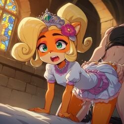 ai_generated all_fours blonde_hair coco_bandicoot crash_(series) crash_bandicoot_(series) cum_in_pussy cum_inside doggystyle furry furry_female green_eyes impregnation vaginal_penetration