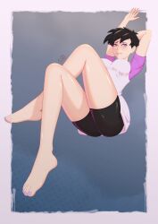 armpits ass ass_focus black_hair black_shorts breasts crossed_legs dragon_ball dragon_ball_z female female_pervert full_body large_breasts legs nipples pervert sex_invitation sexually_suggestive short_hair shorts solo videl