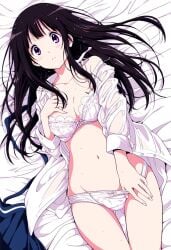 ai_assisted ai_generated bare_belly bare_legs bare_thighs bed bed_sheet belly_button black_hair blush bra breasts chitanda_eru cleavage closed_mouth collarbone groin hand_in_own_panties hand_on_own_chest hyouka jei_games long_hair lying medium_breasts open_shirt panties panty_pull purple_eyes thighs underwear unworn_skirt white_bra white_panties