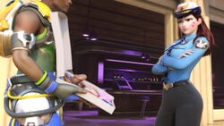 3d alternate_costume asian asian_female blender blizzard_entertainment box_of_donuts brown_eyes brown_hair clothed clothed_female crossed_arms d.va dark-skinned_male dark_skin dick_in_a_box donuts duo ellowas female flashing flashing_penis interracial lúcio lucio_(overwatch) male overwatch overwatch_2 penis penis_out police_officer_d.va sexual_harassment straight unamused unhappy_female whisker_markings