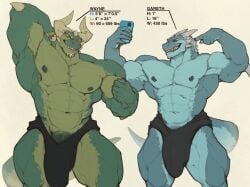 2024 2boys abs anthro bara big_muscles blue_body bulge clothed clothing detailed_bulge dragon duo electronics english_text gareth_(oldshep) genital_outline genitals gesture green_body hand_behind_head hand_gesture hi_res horn huge_muscles hyper hyper_muscles male muscular muscular_anthro muscular_male mythological_creature mythological_scalie mythology nipple_piercing nipples oldshep pecs penis phone piercing pointing pointing_at_self scalie simple_background tail teeth text thick_tail underwear wayne_(oldshep)