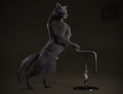 3d animal_genitalia anthro black_fur black_nose canid canine canis chair claws cosmiclife feral fur hi_res male mammal penis pinup pose realistic romeo_(cosmiclife) semi-anthro sheath solo standing stool teeth wolf