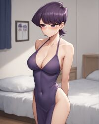 1girls ai_generated bare_arms bare_shoulders bed bedroom blush breasts cleavage collarbone covered_navel cowboy_shot embarrassed female halterneck hands_behind_back hips indoors komi-san_wa_komyushou_desu komi_shuuko looking_away mature_female milf notreallyhere pelvic_curtain purple_dress purple_eyes purple_hair short_hair solo swept_bangs