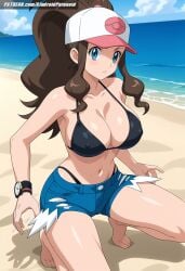 ai_generated aindroidparanoid baseball_cap beach big_breasts bikini blue_eyes blush breasts brown_hair cap cleavage covered_nipples denim_shorts hat hilda_(pokemon) hips huge_breasts kneeling large_breasts long_hair narrow_waist navel nipples outdoors pokemon pokemon_(species) pokemon_bw pokemon_trainer ponytail short_hair slim_waist stable_diffusion taller_girl thick_thighs tight_clothing voluptuous watch wavy_hair wide_hips