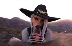 3d ashe_(overwatch) dark-skinned_male dark_skin duo fellatio female interracial male oral overwatch pov straight the_halfmexican white_hair