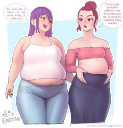 2girls alice_gromova bbw overweight purple_hair red_hair stuffed_belly weight_gain