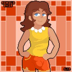 blue_eyes brown_hair bulge dickgirl futa_only futanari hard_pixels intersex mario_(series) mario_tennis nihiloevie nintendo pixel_art princess_daisy shorts simple_background tan