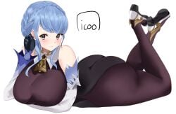 1girls bell big_breasts blue_hair blush blushing_at_viewer braided_hair bubble_butt butt_crack clothed cow_bell curvy fair-skinned_female female female_focus female_only fire_emblem fire_emblem:_three_houses fire_emblem_heroes ganyu_(genshin_impact)_(cosplay) heels icoo laying_on_stomach leotard marianne_von_edmund smile smiling smiling_at_viewer tight_clothing