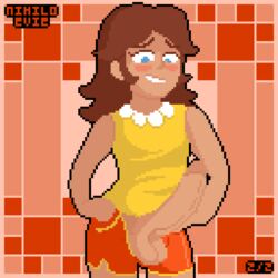 blue_eyes brown_hair bulge dickgirl erection futa_only futanari hard_pixels intersex mario_(series) mario_tennis nihiloevie nintendo pixel_art princess_daisy shorts simple_background tan