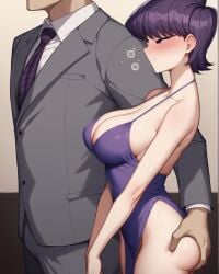 1boy 1boy1girl 1girls ai_generated ass ass_grab bare_shoulders blush breasts cheating cheating_wife cleavage dress drunk drunk_bubble faceless_male female grey_suit halterneck indoors komi-san_wa_komyushou_desu komi_shuuko mature_female milf netorare no_panties notreallyhere pelvic_curtain perky_breasts purple_dress purple_eyes purple_hair short_hair side_view size_difference skindentation smile standing suit swept_bangs tie unseen_male_face v_arms