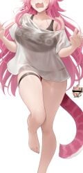 2girls :3 absurdres barefoot black_bra black_panties bra bra_visible_through_clothes breasts censored censored_identity chibi commentary cute_fang english_commentary fangs female foot_out_of_frame gigi_murin gigi_murin_(1st_costume) highres hololive hololive_english hololive_english_-justice- large_breasts long_hair multiple_females multiple_girls no_pants paid_reward_available panties panties_visible_through_clothes pink_hair raora_panthera see-through_clothes see-through_shirt shirt simple_background single_bare_shoulder single_off_shoulder solo solo_focus somebody_(leiking00) standing standing_on_one_leg surprised tail underwear virtual_youtuber water_gun wet wet_clothes wet_shirt white_background white_shirt