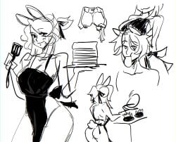 1boy 1boy1girl 1girls apron apron_only big_ass big_breasts black_and_white breasts breasts_on_head bunny bunny_ears bunny_girl bunny_tail cat_ears cooking female female female_focus looking_at_viewer male milking milking_breasts monochrome rabbit rachel_(velvetbunn) sammy_scratch_(anonjustanon) sketch velvetbunn