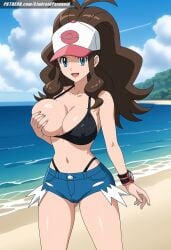 ai_generated aindroidparanoid baseball_cap beach big_breasts bikini blue_eyes breasts brown_hair cap cleavage covered_nipples denim_shorts grabbing_own_breast hat hilda_(pokemon) hips huge_breasts large_breasts long_hair massive_breasts narrow_waist navel nipples one_breast_out outdoors pokemon pokemon_(species) pokemon_bw pokemon_trainer ponytail short_hair slim_waist stable_diffusion taller_girl thick_thighs tight_clothing topless voluptuous watch wavy_hair wide_hips