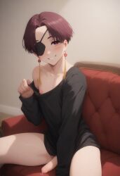 1boy 1femboy ai_generated arm_between_legs black_shirt blush bottomless bottomless_male brown_hair collarbone couch cute cute_male earrings eyepatch femboy femboy_focus femboy_only grin hand_up happy hayato_suo indoors legs_apart long_sleeves looking_at_viewer male male_focus male_only navel nipples on_couch penis precum red_earrings red_eyes shirt shirt_pull shirt_slip short_hair showing_nipple sitting sitting_on_couch smile smiling smiling_at_viewer solo solo_femboy solo_male suo_hayato tassel tassel_earrings teasing teasing_viewer teeth thighs trap twink wind_breaker