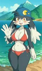 ai_generated anthro bandai_namco beach big_breasts black_body black_fur blue_hat burninbarney busty clothing dripping feline female female_focus female_only fur genderswap_(mtf) hair hat klonoa klonoa_(series) lagomorph mountain namco open_mouth pixai rabbit red_bikini rule_63 smile solo waving waving_at_viewer wide_hips