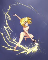 1girls action_pose blonde_hair blue_eyes completely_nude electricity metroid nintendo nude samus_aran simple_background skechplezures weapon