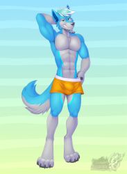 2019 4_toes abs anthro artist_logo artist_name bedroom_eyes blue_body blue_fur blue_markings bulge canid canine canis cheek_tuft chest_tuft claws clothed clothing detailed_bulge digitigrade facial_tuft feet finger_claws fingers fluffy fluffy_tail fur gloves_(marking) gradient_background green_eyes grey_nose grey_pawpads hand_behind_neck hand_on_hip head_tuft hi_res kafei_(opcoffee) leg_markings logo looking_at_viewer male mammal markings muscular muscular_anthro muscular_male narrowed_eyes original original_character pattern_background pawpads paws pecs seductive shaded simple_background smile socks_(marking) soft_shading solo standing tail text thumb_in_waistband toe_claws toes toothy_smile tuft underwear underwear_only url vallhound white_body white_fur wolf