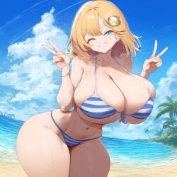 ai_generated ameanon beach big_breasts bikini blonde_hair breasts cleavage hololive hololive_english hololive_myth huge_breasts large_breasts one_eye_closed peace_sign sideboob striped_bikini thick_thighs underboob virtual_youtuber vtuber watson_amelia wink