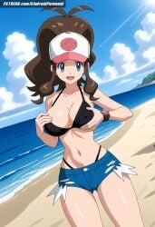 ai_generated aindroidparanoid baseball_cap beach big_breasts bikini blue_eyes breasts brown_hair cap cleavage covered_nipples denim_shorts grabbing_own_breast hat hilda_(pokemon) hips huge_breasts large_breasts long_hair massive_breasts narrow_waist navel nipples outdoors pokemon pokemon_(species) pokemon_bw pokemon_trainer ponytail short_hair slim_waist squeezing_breast stable_diffusion taller_girl thick_thighs tight_clothing voluptuous watch wavy_hair wide_hips