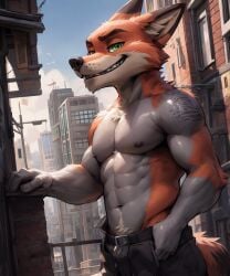 ai_generated anthro biceps city clothing detailed_background green_eyes kuranoidss looking_at_viewer male muscular_male nick_wilde nipples pants sharp_teeth solo_focus standing zootopia