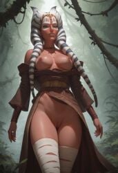 ai_assisted ai_generated ai_hands bare_breasts clone_wars duchess_eugene forest jungle loose_clothes red_body red_skin robe robe_only robes shaak_ti shaved_pussy stable_diffusion star_wars togruta