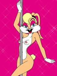 2018 anthro bedroom_eyes breasts faunafox1 female gloves lola_bunny looking_at_viewer looney_tunes navel nipples nude pole_dancing pose seductive solo the_looney_tunes_show warner_brothers