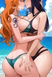 2girls 4k ai_generated big_ass big_breasts big_butt bikini blush blushing_female blushing_profusely breast_to_breast breath bubble_ass bubble_butt deep_cleavage dripping female female_only hand_on_ass hand_on_butt huge_ass huge_breasts kissing large_breasts leaning massive_breasts nami nami_(one_piece) narrow_waist nico_robin obscured_eyes one_piece pressed_against self_upload sweatdrop sweating sweaty sweaty_body sweaty_breasts sweaty_butt thick_thighs wide_hips yeetyboi5000 yuri