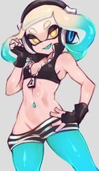 1girls alternate_costume bikini_top blue_hair blue_pants cosplay eyebrows female female_only fingerless_gloves gloves headphones humanoid inkling jtveemo legwear light_skin marina_(splatoon)_(cosplay) multicolored_hair nintendo outerwear pale_skin pearl_(splatoon) petite solo splatoon splatoon_2 tentacle tentacles thick_eyebrows two-tone_hair two_tone_hair white_hair yellow_eyes zipper zipper_pull_tab