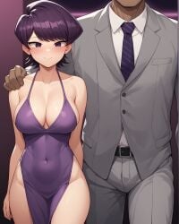 1boy 1boy1girl 1girls ai_generated bare_shoulders blush breasts cheating cheating_wife cleavage collarbone covered_navel dress faceless_male female grey_suit halterneck hand_on_another's_shoulder hands_behind_back hips indoors komi-san_wa_komyushou_desu komi_shuuko mature_female milf netorare no_panties notreallyhere purple_dress purple_eyes purple_hair short_hair size_difference smile suit swept_bangs thighs tie unseen_male_face