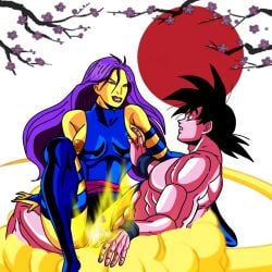 betk crossover dragon_ball dragon_ball_z eastern_and_western_character marvel marvel_comics muscular_male psylocke purple_hai purple_hair purple_hairband son_goku x-men