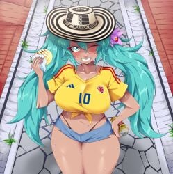 big_breasts blush colombian colombian_miku dark-skinned_female dark_skin gyaru hatsune_miku kogal latina navel no_nude safe smile thick_thighs tobyllitos