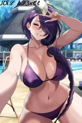 adult bikini braid braided_hair braided_ponytail curvy_body curvy_female curvy_figure curvy_hips curvy_milf curvy_thighs hat hrist_(shuumatsu_no_valkyrie) huge_breasts huge_thighs large_breasts mature_female mature_woman peace_sign perfect_body pool purple_hair record_of_ragnarok selfie shuumatsu_no_valkyrie single_braid small_bikini smile smiling thicc_thighs toned_belly