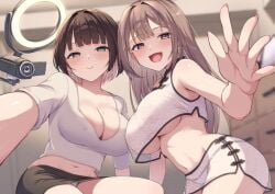 2girls aqua_eyes areola_slip black_skirt blunt_bangs blurry blurry_background blush breasts brown_hair camcorder cleavage collarbone covered_nipples earrings highres indoors jewelry long_hair looking_at_viewer midriff mole mole_on_breast multiple_girls navel non-web_source open_mouth original panties pointy_chin purple_eyes ring_light selfie shirt short_hair shun_(b.c) skirt stud_earrings underboob underwear video_camera white_panties white_shirt