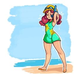 1girls artista: beach brawl_stars closed_eyes glasses hat jessie_(brawl_stars) light_skin notwawita red_hair summer_jessie_(brawl_stars) swimsuit wet