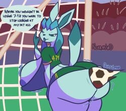 anthro areola areola_slip ass ball big_breasts big_butt brazilian breasts cocito_(usernamecrownisalreadytake) eeveelution english_text female generation_4_pokemon glaceon hi_res huge_breasts huge_butt hyper hyper_breasts hyper_butt jersey nintendo nokamiwd number_on_jersey pokemon pokemon_(species) simple_background soccer soccer_ball solo sport text thick_thighs wide_hips