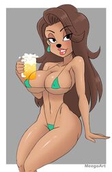 1girls an_extremely_goofy_movie anthro beer beer_mug big_breasts bikini blush breasts brown_hair cleavage co-ed_3_(an_extremely_goofy_movie) dark-skinned_female disney earrings female female_only furry goof_troop half-closed_eyes large_breasts lipstick long_hair looking_at_viewer meegol nikki_(an_extremely_goofy_movie) sitting skimpy_bikini smile solo voluptuous