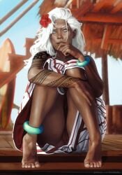 barefoot blue_eyes dark-skinned_female dark_skin dima_ivanov no_panties pussy pussy_lips pussy_peek tagme_(character) thirstastic vagina white_hair