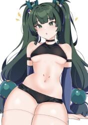 big_ass big_breasts big_breasts big_butt black_bra black_panties cute green_eyes green_hair half-dressed half_naked qingyi_(zenless_zone_zero) robot_girl thick_thighs zenless_zone_zero