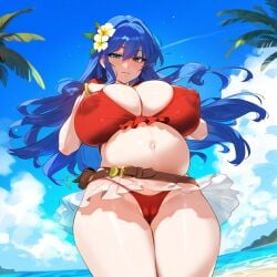 ai_generated big_ass big_breasts blue_eyes blue_hair caeda_(fire_emblem) caeda_(summer)_(fire_emblem) fire_emblem fire_emblem_heroes gigantic_breasts looking_at_viewer pregnant pregnant_female