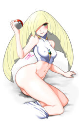 1girls abs aether_foundation ass bare_shoulders belly big_ass blonde_hair blue_hair blush bottomless breasts clothes erect_nipples eyelashes female female_only green_eyes hair_over_one_eye holding human impossible_clothes jazzjack long_hair looking_at_viewer lusamine_(pokemon) milf mother navel nintendo poke_ball pokemon pokemon_sm shirt skin_tight smile solo tank_top teeth text thick_thighs watermark white_background wide_hips