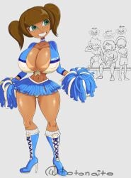 anon bimbo braces brown_hair cheating_girlfriend_(totonaito) cheerleader cheerleader_uniform choker dark_skin freckles freckles_on_face green_eyes heel_boots heels high_heel_boots high_heels huge_breasts nipple_bulge panties_visible_through_clothing penis_size_difference tanline tiny_waist totonaito twintails useless_clothing wide_hips