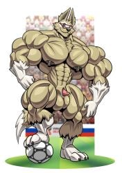 3_toes 4_fingers abs anatomically_correct anatomically_correct_genitalia anatomically_correct_penis animal_genitalia animal_penis anthro ball balls biceps big_balls big_muscles big_penis brown_balls brown_body brown_fur brown_nipples canid canine canine_genitalia canine_penis canis chest_tuft erect_nipples eyewear feet fifa fingers fur genitals goggles grin half-erect hi_res huge_balls huge_cock huge_muscles hyper hyper_balls hyper_genitalia hyper_muscles hyper_penis male mammal mascot muscular muscular_anthro muscular_male nipples nude nude_anthro nude_male pecs penis pink_penis pink_penis_tip smile soccer soccer_ball solo sport tail toes tuft white_body white_fur wolf wolfiecanem zabivaka
