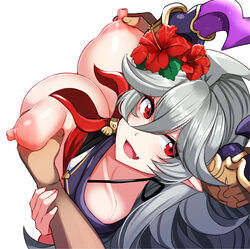 bangs blush breast_grab breasts commentary_request draph female flower grabbing grabbing_from_behind granblue_fantasy grey_hair groping hair_between_eyes hair_flower hair_ornament hibiscus horns large_breasts long_hair looking_at_viewer looking_up nipples oerba_yun_fang open_mouth red_eyes simple_background smile swimsuit tenken_(gotannda) threo_(granblue_fantasy) white_background