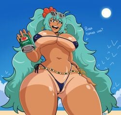 beach big_thighs bikini blue_bikini blue_sky brazilian_female brazilian_miku breasts cyan_eyes earrings eyewear_on_head female flower_in_hair hatsune_miku holding_object long_hair looking_at_viewer navel painted_nails portuguese_text ravage41 skimpy_bikini solo solo_female sun sunglasses swimwear tanline tanned tanned_female tanned_skin text twintails voluptuous_female