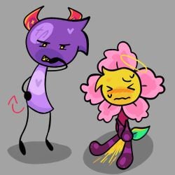 angel animate_inanimate blush bodily_fluids demon duo embarrassed female female/female flower_(bfdi) genital_fluids hi_res laugh lollipop_(bfdi) omorashi omoscum peeing teasing urine watersports