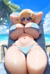 ai_generated ameanon arms_behind_head beach big_breasts bikini blonde_hair breasts cleavage closed_eyes hololive hololive_english hololive_myth huge_breasts large_breasts lounge_chair on_back sideboob sleeping striped_bikini sunglasses thick_thighs tinted_eyewear virtual_youtuber vtuber watson_amelia