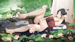 absurdres anata_no_utahime_(lzr13708949567) black_hair boat chinese_clothes crop_top facial_mark female female_pubic_hair flower forehead_mark gold_anklet gold_armlet green_water hanfu highres huadian leg_up lily_pad long_hair looking_at_viewer lotus lying on_back original pubic_hair solo unworn_shirt watercraft