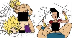 2girls black_hair blond_hair caulifla censored dragon_ball_super female kale male multiple_girls son_goku spiky_hair turles17