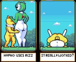 animated baldur_89 balls balls_deep ballsack flirting gardevoir green_hair hypno mating mating_press pixel_art pokemon pokemon_(species) vagina white_skin yellow_body yellow_skin