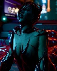 3d assimilation aurore_cassel corruption cyberpunk_2077 dark_lighting encased encasement freckles justjamsart living_goo marvel marvel_comics open_mouth parasite pleasure_face red_eyes red_hair red_symbiote symbiote symbiote_corruption venom_(marvel) wrapped wrapping